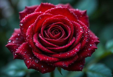 Close up of a deep red rose with water droplets on petalsの素材