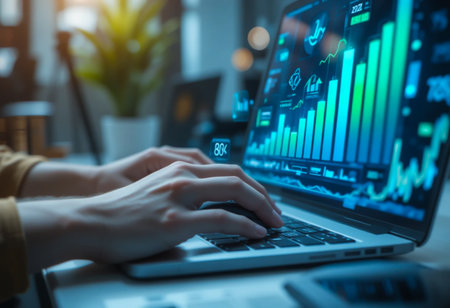 Hands typing on laptop displaying stock market financial charts and graphsの素材