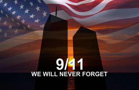 Remembering 9 11 with american flag and twin towersの素材