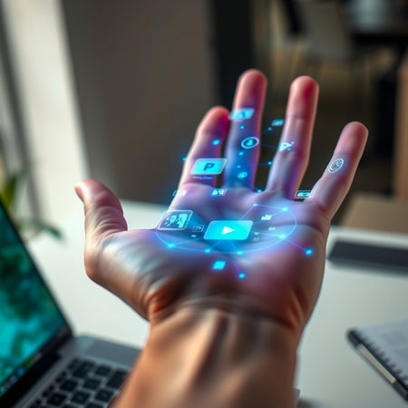 Futuristic technology projected onto a human hand with glowing digital iconsの素材