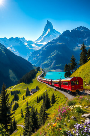 A vibrant red train travels through a lush green valley with a stunning turquoise lake and majestic snow-capped mountains.の素材