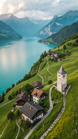 An aerial view showcases a charming village nestled on a green hillside, with a tranquil, bright blue lake and majestic mountains in the background.の素材