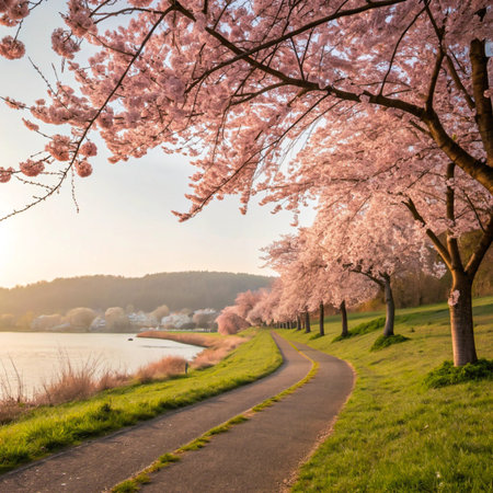 A winding path curves alongside a tranquil body of water, bordered by blooming cherry blossom trees in soft pink hues.の素材
