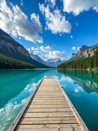 A weathered wooden dock extends into a vibrant turquoise lake, reflecting majestic mountains and a cloudy blue sky.の素材