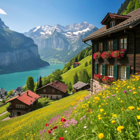 A charming wooden house with flower boxes sits on a vibrant wildflower meadow overlooking a stunning turquoise lake and majestic snow-capped mountains.の素材