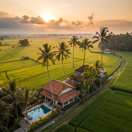 An aerial view captures a serene villa with a pool nestled within vibrant green rice fields, bathed in the warm glow of sunrise.の素材