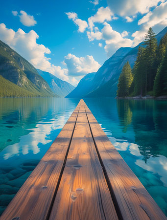 A wooden pier leads into a calm, reflective lake surrounded by majestic mountains and a vibrant blue sky with clouds.の素材