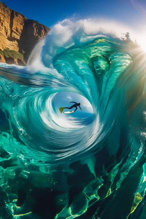 A surfer is captured inside a powerful, turquoise wave, with sunlight illuminating the water and cliffs in the background.の素材
