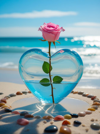 A single pink rose stands in a heart-shaped glass vase filled with water on a beach.の素材