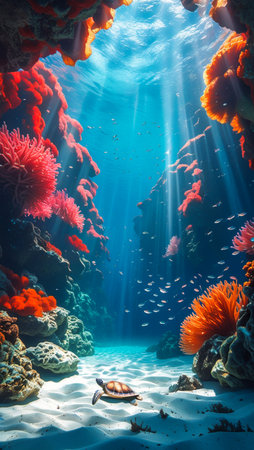 Sunlight pierces the clear blue ocean illuminating a diverse coral reef teeming with small fish and a sea turtle.の素材