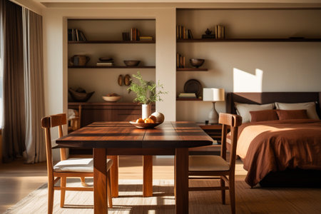 A warm, inviting studio apartment featuring a dining table and chairs, a bed, and built-in shelving bathed in natural light.の素材
