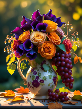 A decorative pitcher overflows with colorful roses and lisianthus, accented by deep purple grapes and scattered autumn leaves.の素材