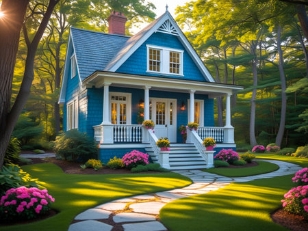 A picturesque blue Victorian-style house with a white porch, surrounded by vibrant flowers and dappled sunlight filtering through trees.の素材