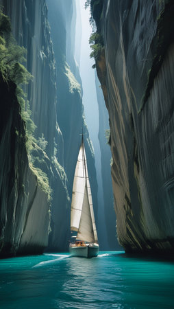 A lone sailboat glides through a breathtaking, narrow sea canyon with towering, moss-covered cliffs illuminated by dramatic sunlight.の素材