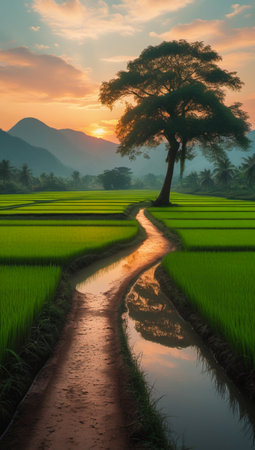 A lone tree stands majestically over vibrant green rice paddies, bisected by a shimmering stream reflecting the sunset.の素材