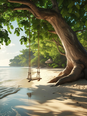 A rustic wooden swing hangs from a massive tree on a sandy beach, with gentle waves lapping the shore.の素材