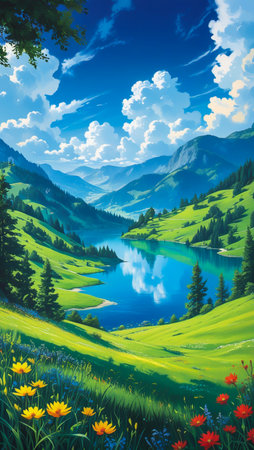 A breathtaking anime-style landscape featuring rolling green hills, a tranquil blue lake, and a vibrant sky with fluffy clouds.の素材