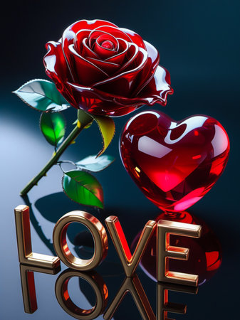 A vibrant red rose and heart adorn gold 'LOVE' letters, reflecting on a dark, glossy surface.の素材