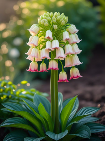 A close-up of a plant with clusters of pale pink and white bell-shaped flowers on a tall stem, surrounded by green leaves.の素材