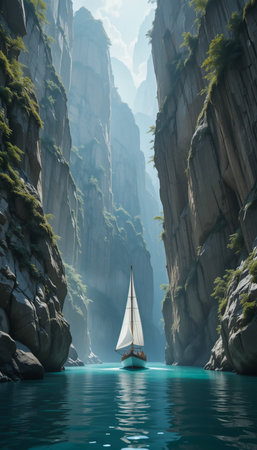 A lone sailboat glides through a serene, turquoise river surrounded by towering, mist-shrouded canyon walls.の素材