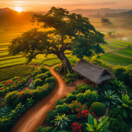 A solitary, ancient tree stands guard over vibrant green terraced fields bathed in the warm glow of a sunrise.の素材