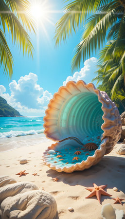 A large, iridescent seashell rests on a sandy beach, reflecting the turquoise ocean, palm trees, and bright sun.の素材