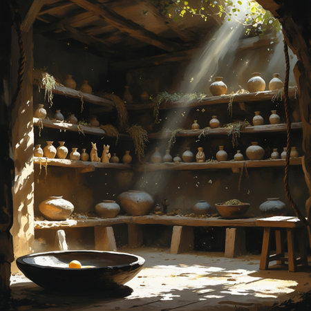 Sunbeams stream into a dimly lit, rustic workshop filled with shelves of pottery and ancient artifacts.の素材