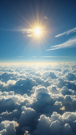 A breathtaking aerial view of a vast, fluffy cloudscape illuminated by a bright, radiant sun.の素材