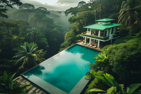 An aerial view of a stunning resort with a turquoise infinity pool nestled within a dense, misty tropical rainforest.の素材
