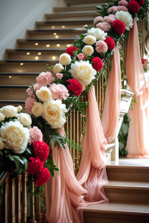 A grand staircase is beautifully decorated with lush pink and red roses, white peonies, and flowing peach fabric.の素材