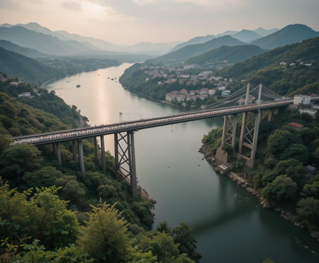 An impressive bridge crosses a wide, calm river, flanked by verdant, rolling hills and a distant town.の素材