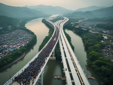 An elevated perspective captures a multi-lane highway curving through a lush valley alongside a winding river, with a town visible.の素材