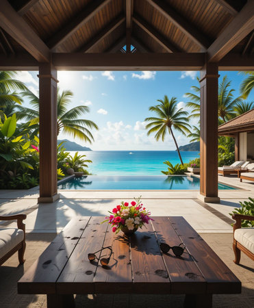 A stunning infinity pool and lush tropical foliage frame a breathtaking ocean view from a covered patio.の素材