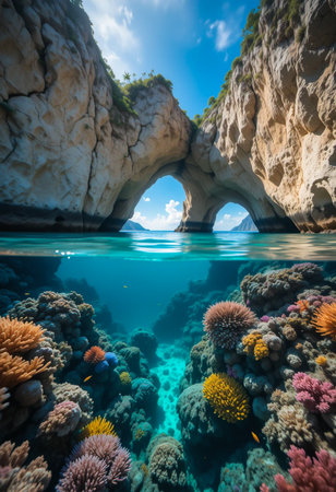 A split view shows a vibrant coral reef below the surface and a rocky coastal archway above.の素材