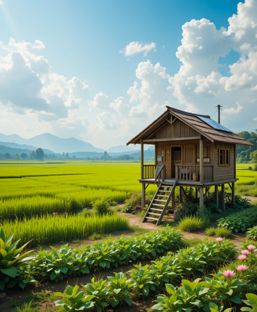 A small wooden stilt house stands amidst vibrant green rice fields, with rolling hills and a cloudy blue sky in the background.の素材