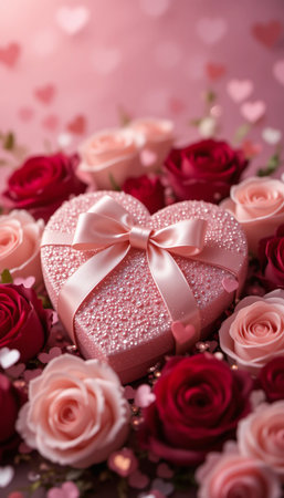A delicate heart shaped gift box adorned with a pink ribbon sits amidst a bed of red and pink roses.の素材