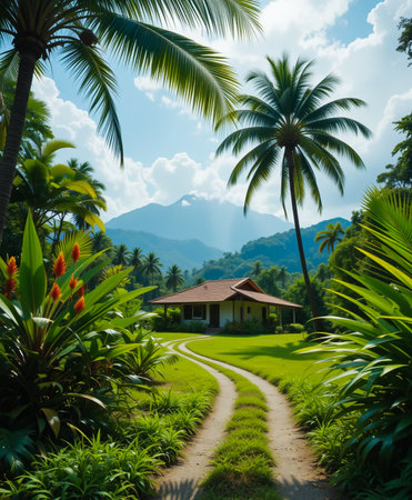 A winding dirt path leads to a secluded house nestled amidst vibrant tropical foliage and distant misty mountains.の素材
