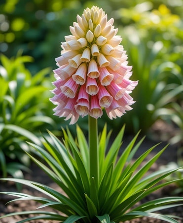 A striking bell-shaped flower with pink and yellow hues stands tall amidst lush green foliage in soft sunlight.の素材