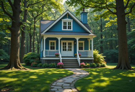A picturesque blue cottage with a white porch and stone pathway surrounded by a dense, sun-dappled forest.の素材