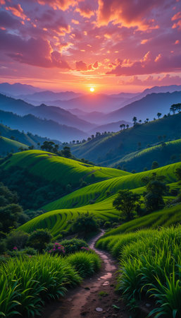 A breathtaking sunset paints the sky with vibrant colors over rolling green hills and a winding path.の素材