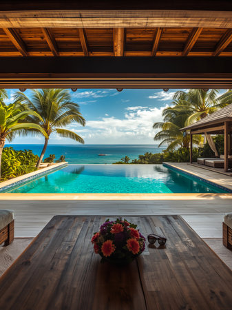 A stunning view from a wooden table towards a vibrant infinity pool and the turquoise ocean, framed by palm trees.の素材