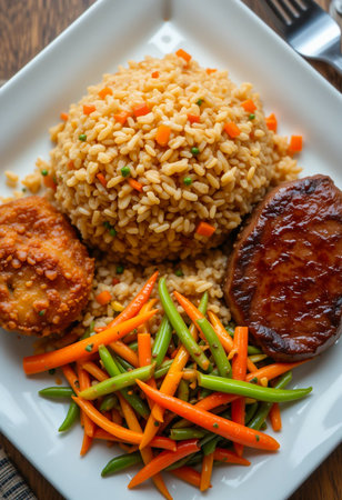 A delicious plate of fried rice served with crispy chicken and a side of vibrant mixed vegetables.の素材