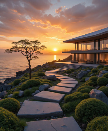 A contemporary architectural masterpiece with expansive glass walls sits on a rocky coastline, bathed in the warm glow of a sunset.の素材