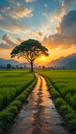 A solitary tree stands majestically beside a wet, reflective path leading through lush green fields during a vibrant sunset.の素材