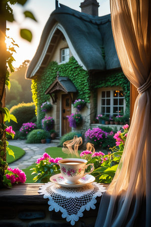 A charming cottage with ivy-covered walls and a blooming garden, viewed from a window with a teacup set for morning.の素材