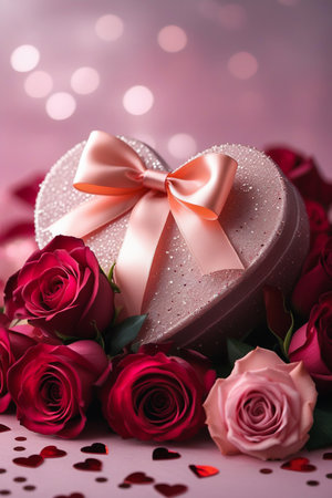 A sparkling heart shaped gift box with a satin bow sits atop a bed of deep red roses and scattered petals.の素材