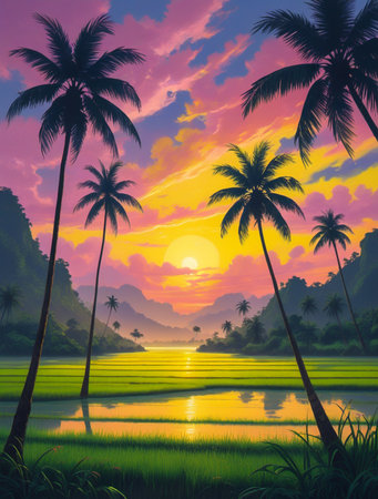 A breathtaking tropical sunset paints the sky with vibrant colors over a serene landscape of rice paddies and palm trees.の素材