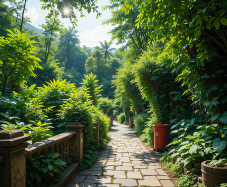 A winding stone pathway leads through a vibrant, sun-dappled forest garden filled with dense, verdant foliage.の素材