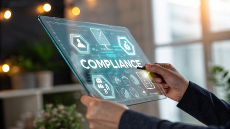 A person interacts with a holographic interface displaying compliance data and icons. The futuristic technology is presented on a transparent screen.の素材