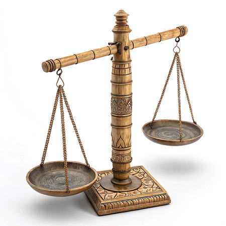A detailed antique balance scale crafted from brass, featuring intricate carvings on its base and column, with two suspended pans ready for weighing.の素材